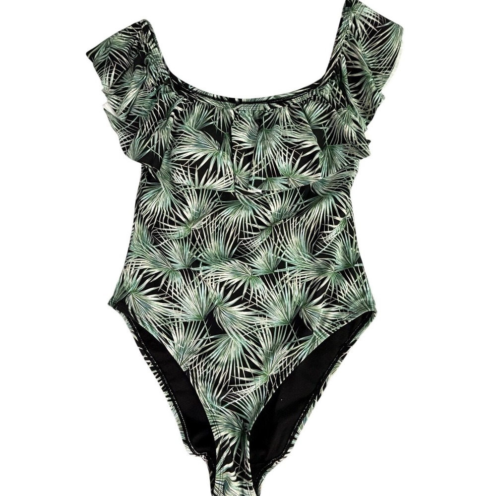 Cabana del Sol Womens One Piece Swimsuit Ruffle Off Shoulder Palm Leaf Large